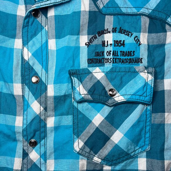 Arizona Jean Co Blue Plaid Western Shirt Snap Button Down Short Sleeve Medium - Picture 4 of 7